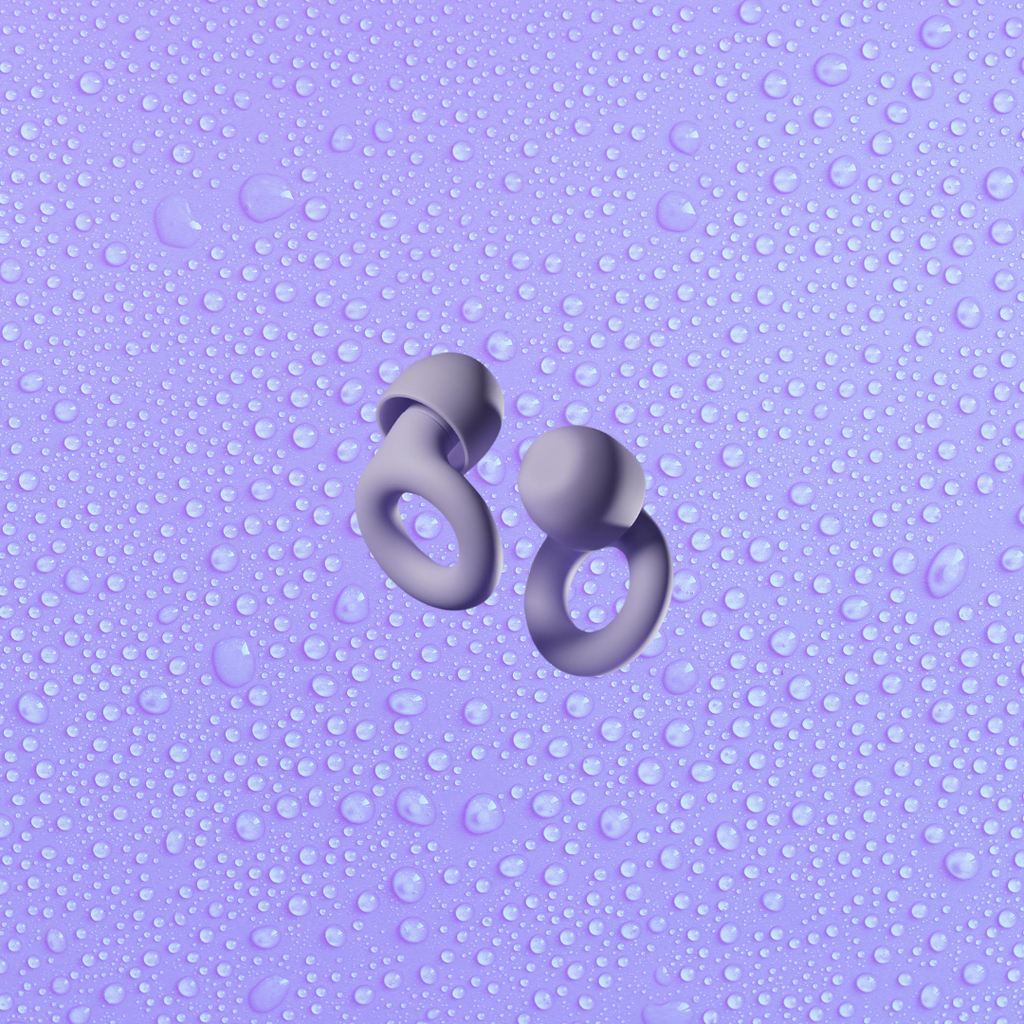 Violet ear plugs with light purple background with water droplets-Mularx